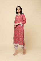 Designer Stylish Red Cotton Blend Stitched Suit With Dupatta - Tanisha | Grocsy