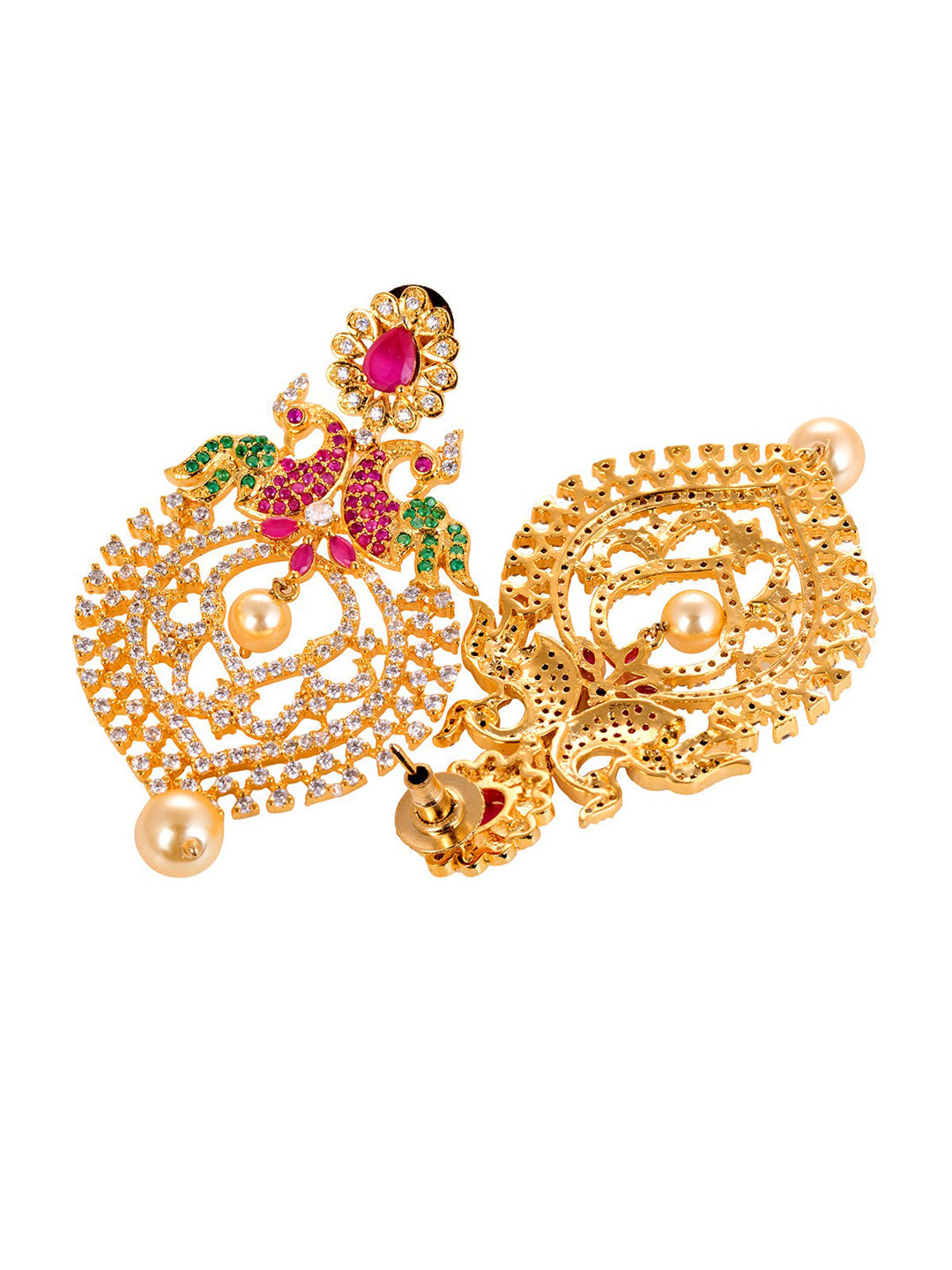 Saraf RS Jewellery Gold-Polished Green & Pink American Diamond Studded & Beaded Handcrafted Jewellery Set | Grocsy