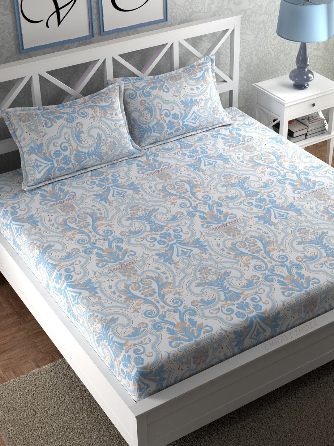 CHHAVI INDIA Blue & White Ethnic Motifs 210 TC King Bedsheet with 2 Pillow Covers | Grocsy