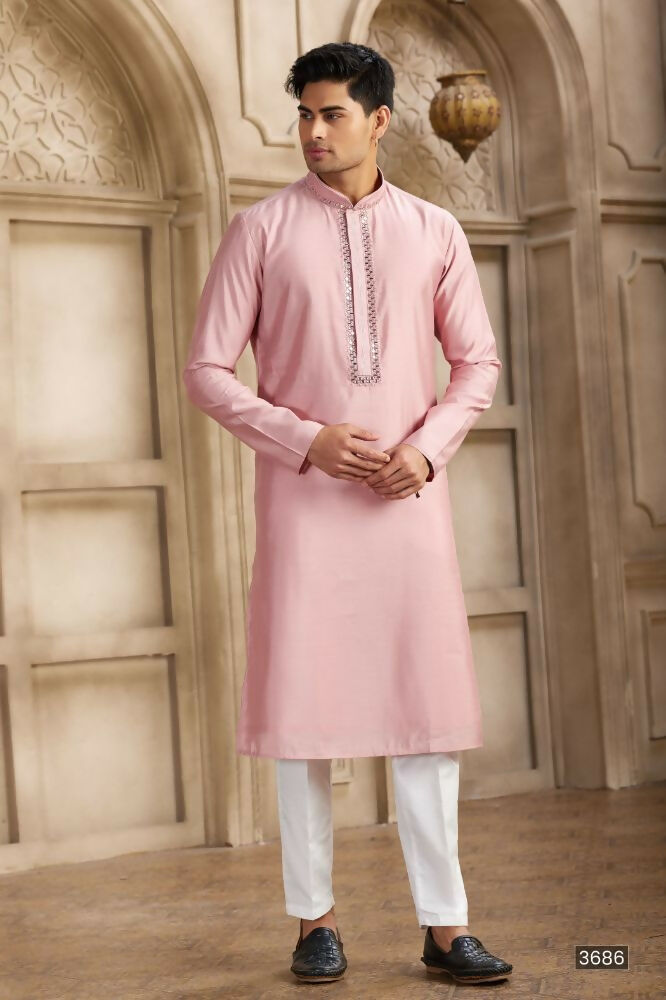 Raivat Ethnic Banarasi Art Silk Mirror Work Kurta Pajama In Dark Pink Colour | Grocsy