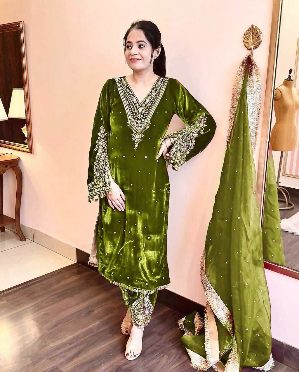 Joban Fashion Olive Green Velvet Embroidery Kurta Set | Grocsy