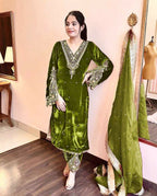 Joban Fashion Olive Green Velvet Embroidery Kurta Set | Grocsy