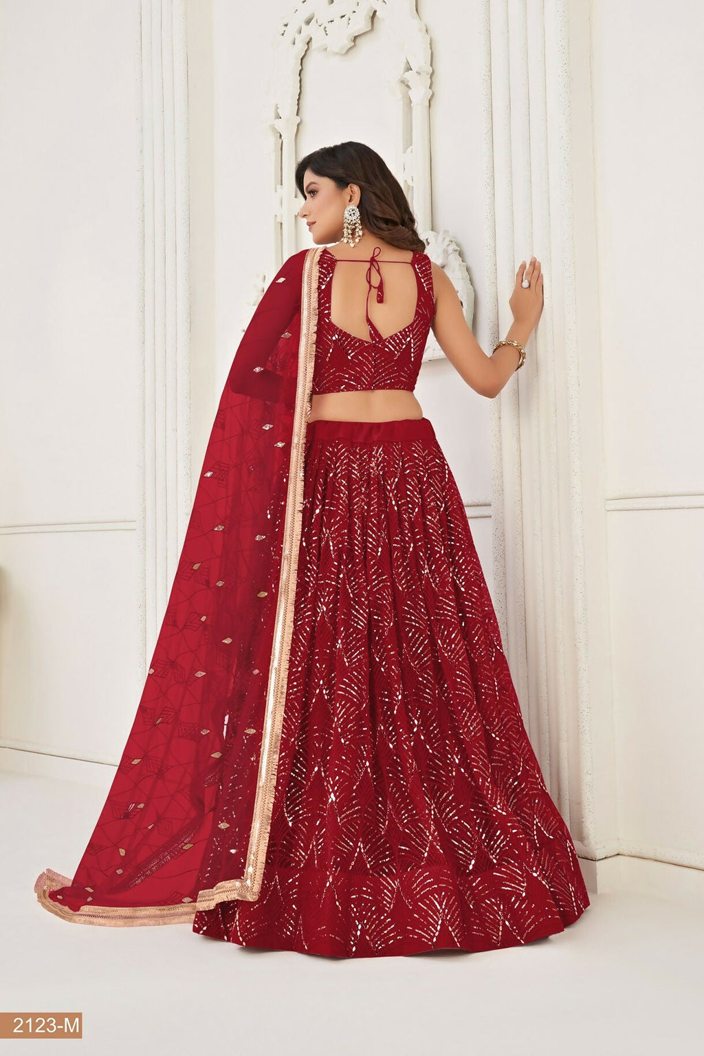 Eilara Maroon Thread Sequin Embroidered Net Lehenga Set | Grocsy