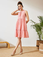 Janasya Peach Fit & Flare Cotton Dress | Grocsy