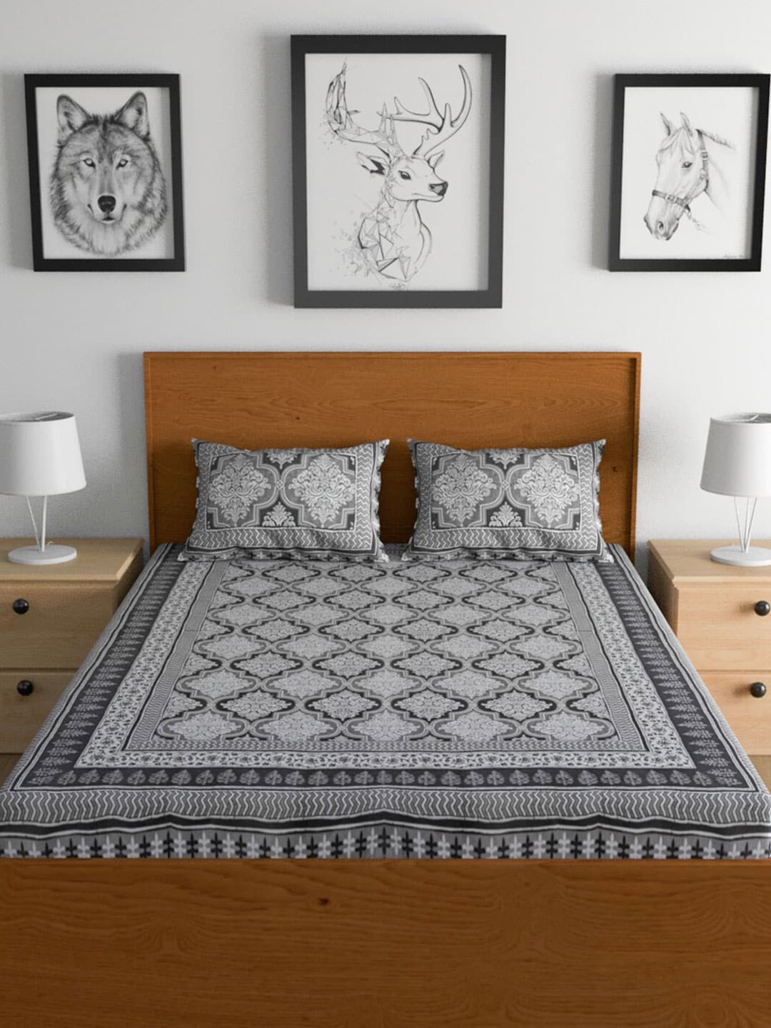 Urban Magic Grey & White Ethnic Printed Cotton 104 TC King Bedsheet with 2 Pillow Covers | Grocsy