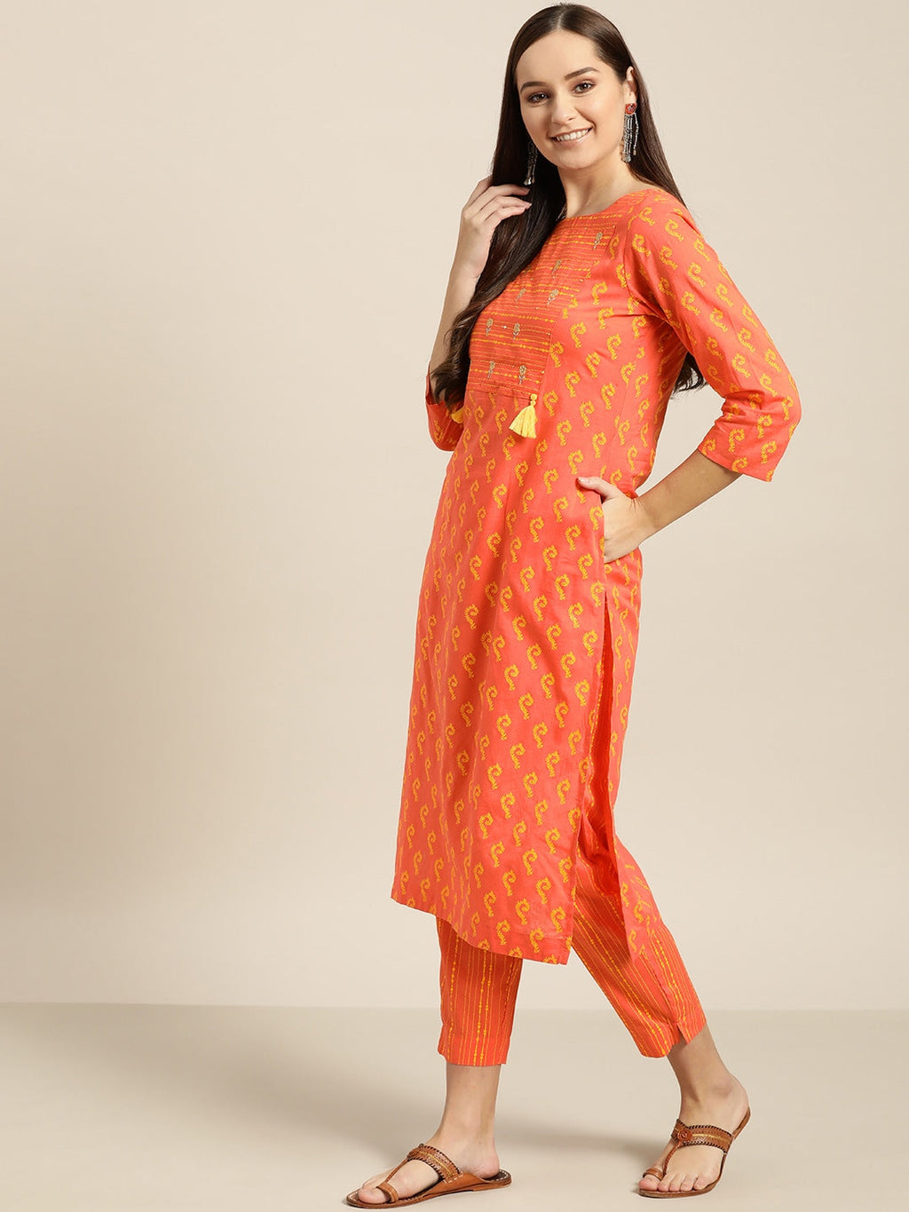 Sangria Women Orange & Yellow Printed Kurta with Trousers | Grocsy