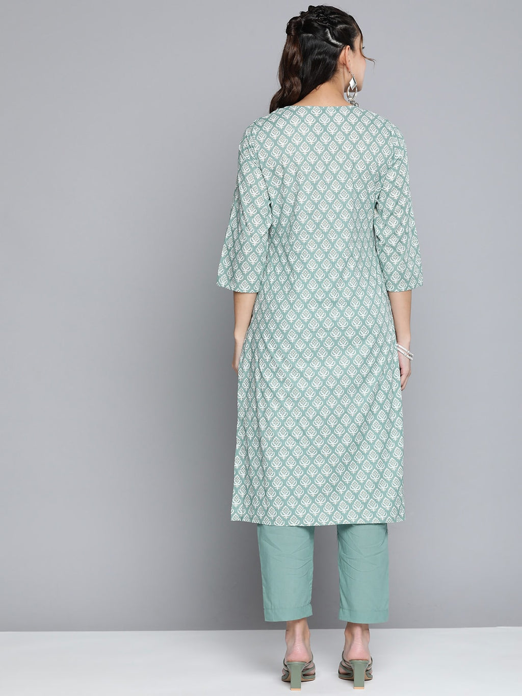HERE&NOW Women Ethnic Motifs Embroidered Mirror Work Pure Cotton Kurta With Trousers | Grocsy