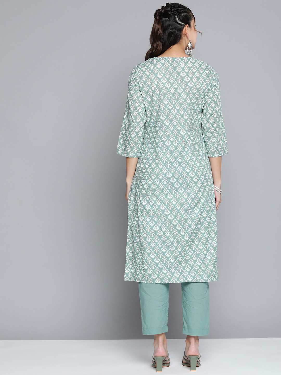 HERE&NOW Women Ethnic Motifs Embroidered Mirror Work Pure Cotton Kurta With Trousers | Grocsy