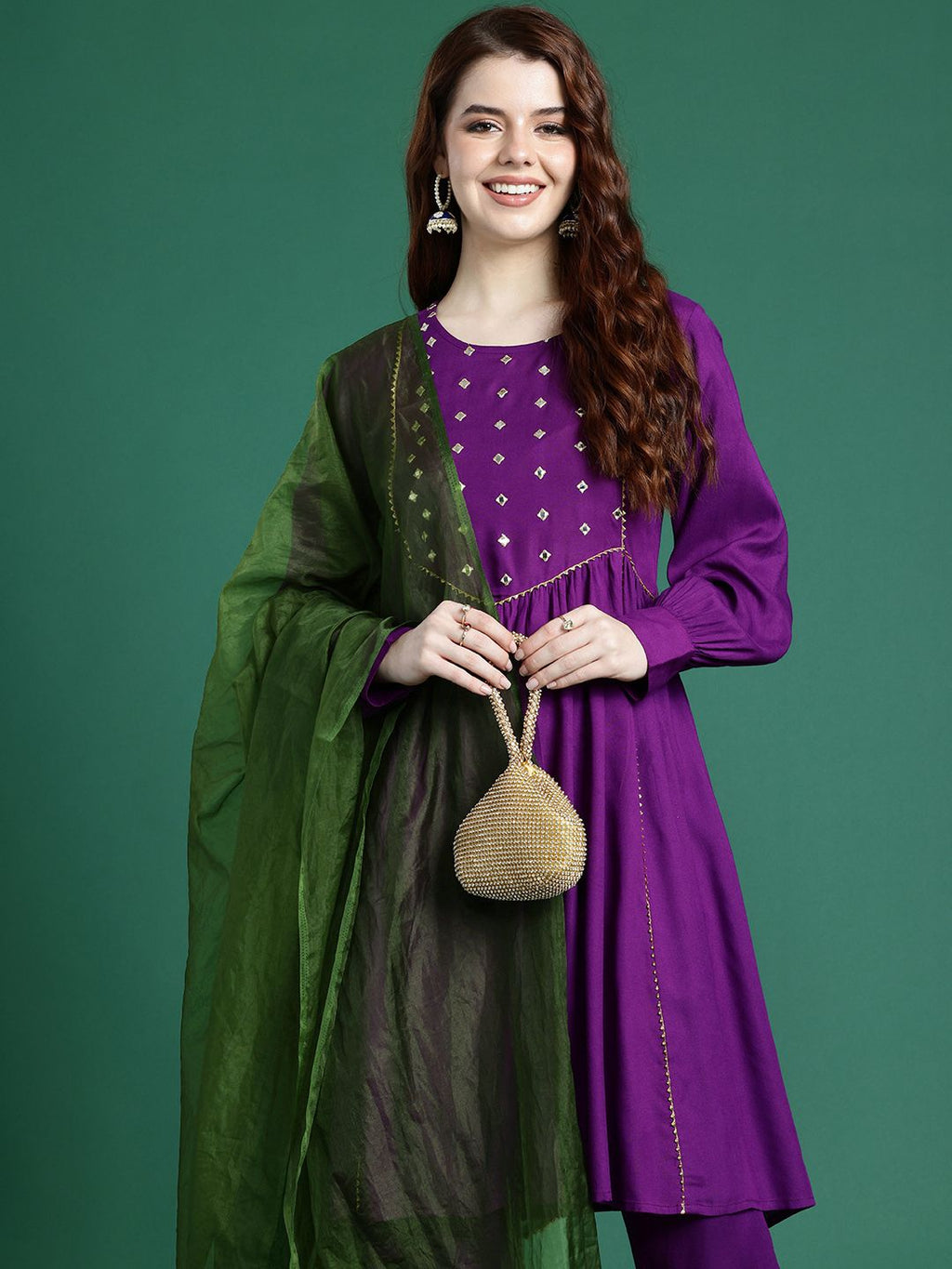 Sangria Mirror Work Embroidered Regular Gotta Patti A-Line Kurta With Trousers & Dupatta | Grocsy