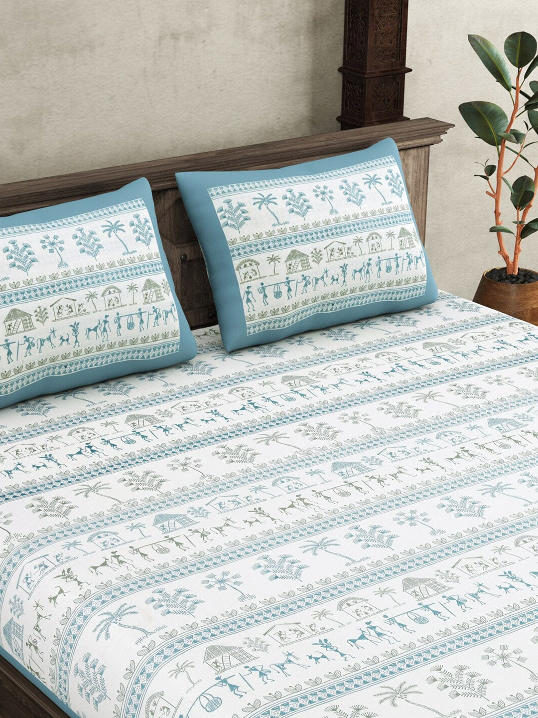 JAIPUR FABRIC Blue Ethnic Motifs Cotton 250 TC Super King Bedsheet With 2 Pillow Covers | Grocsy