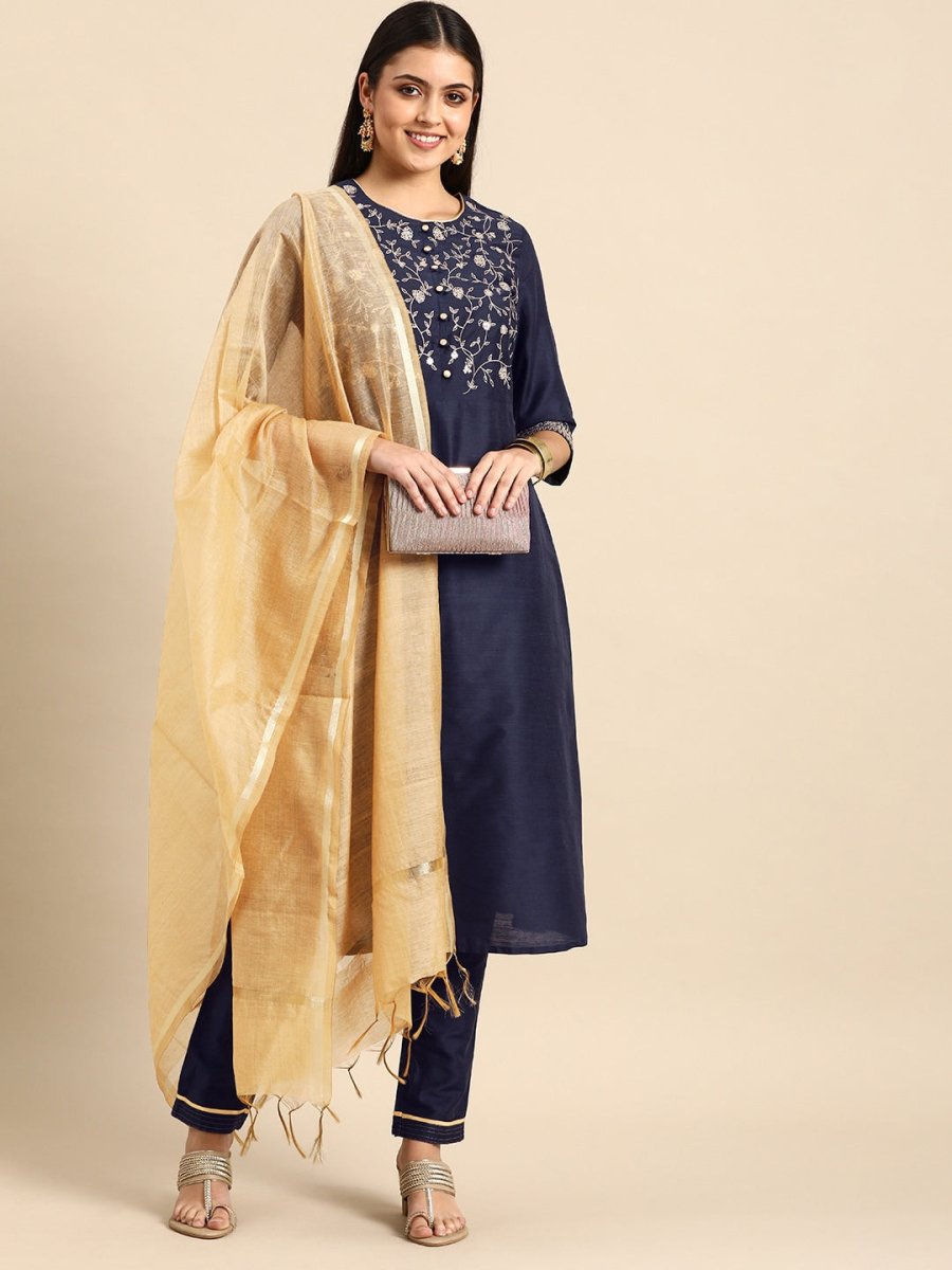 All About You Women Navy Blue Embroidered Kurta with Trousers & With Dupatta | Grocsy