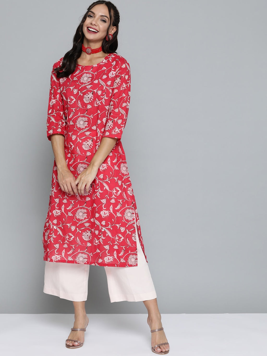 HERE&NOW Women Pink & Off White Pure Cotton Ethnic Motifs Printed Straight Kurta | Grocsy