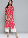 HERE&NOW Women Pink & Off White Pure Cotton Ethnic Motifs Printed Straight Kurta | Grocsy