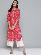 HERE&NOW Women Pink & Off White Pure Cotton Ethnic Motifs Printed Straight Kurta | Grocsy