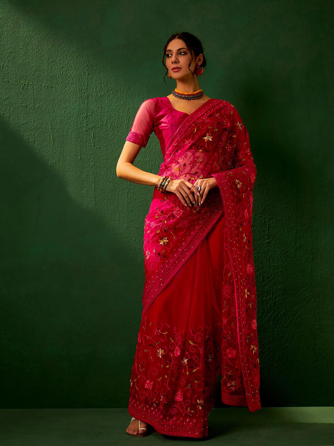 Sangria Embroidered Net Saree | Grocsy