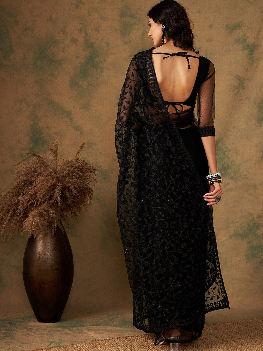 Sangria Floral Embroidered Net Saree | Grocsy