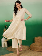 Sangria Off White Floral Embroidered Mirror Work Pure Cotton Anarkali Kurta Set | Grocsy