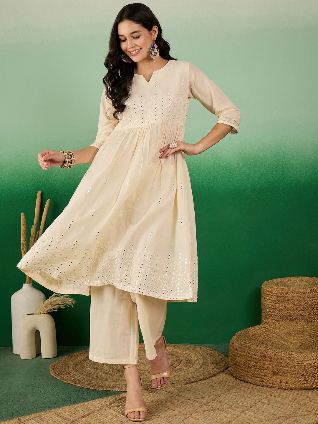 Sangria Off White Floral Embroidered Mirror Work Pure Cotton Anarkali Kurta Set | Grocsy