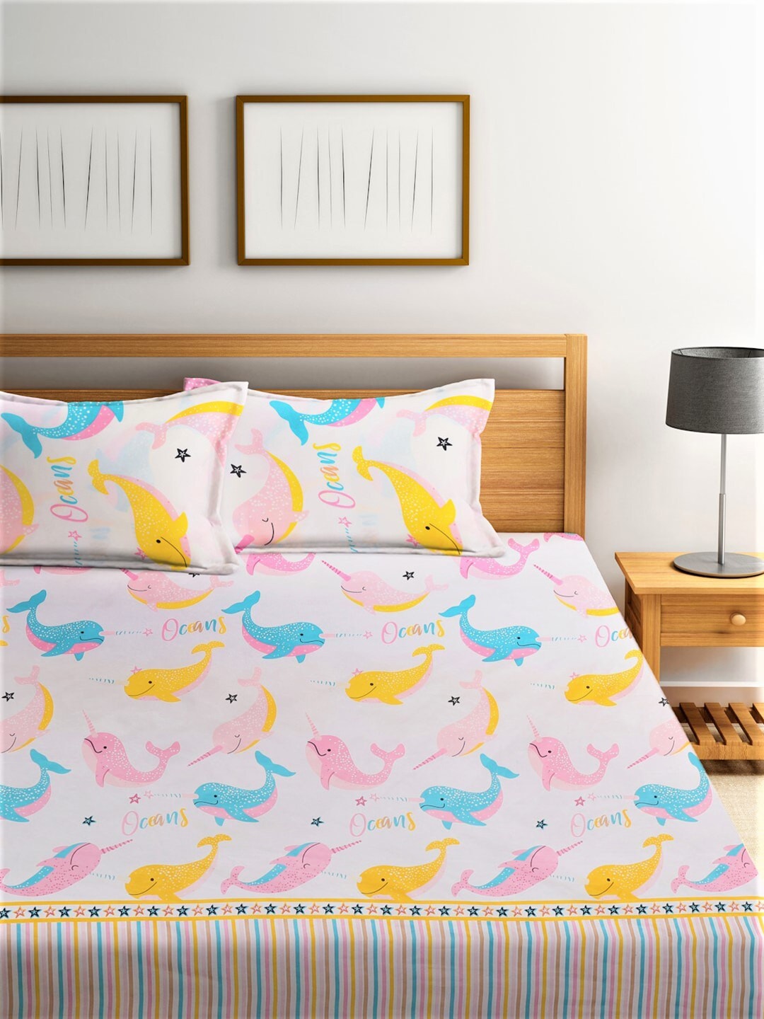 Home Sizzler Pink & Blue Cartoon 210 TC Cotton Bedsheet with Pillow Covers | Grocsy
