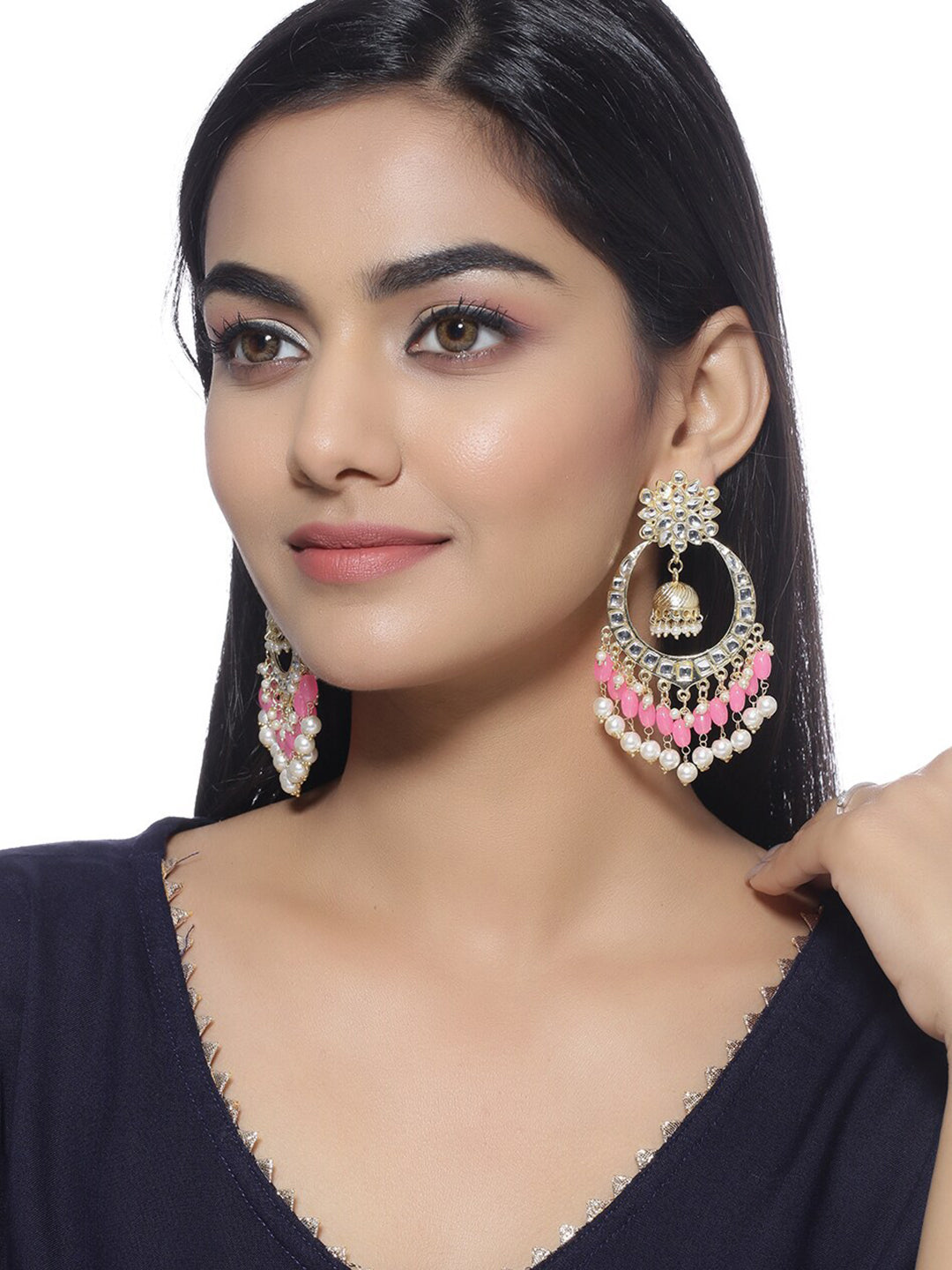 Shoshaa Pink & Gold-Toned Contemporary Kundan Drop Earrings With Pearls | Grocsy