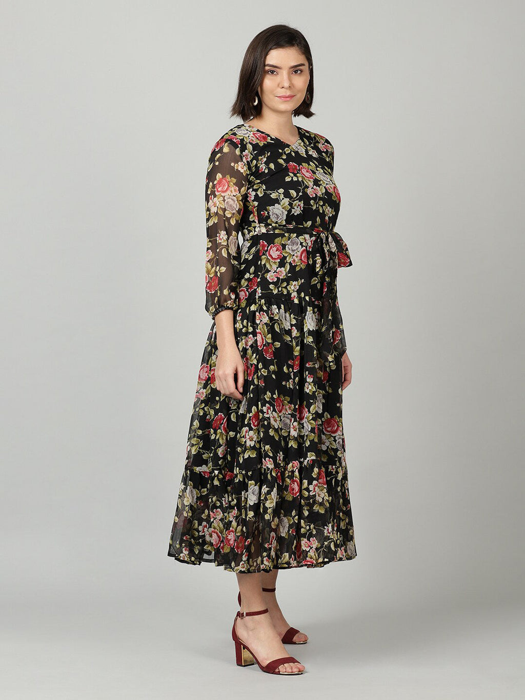 Souchii Black & Pink Floral Chiffon Midi Dress | Grocsy