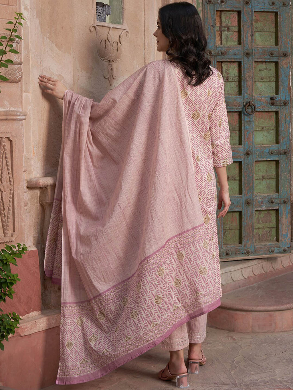 Sangria Mauve coloured Floral Printed Pure Cotton Kurta with Churidar & With Dupatta | Grocsy