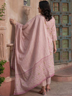 Sangria Mauve coloured Floral Printed Pure Cotton Kurta with Churidar & With Dupatta | Grocsy