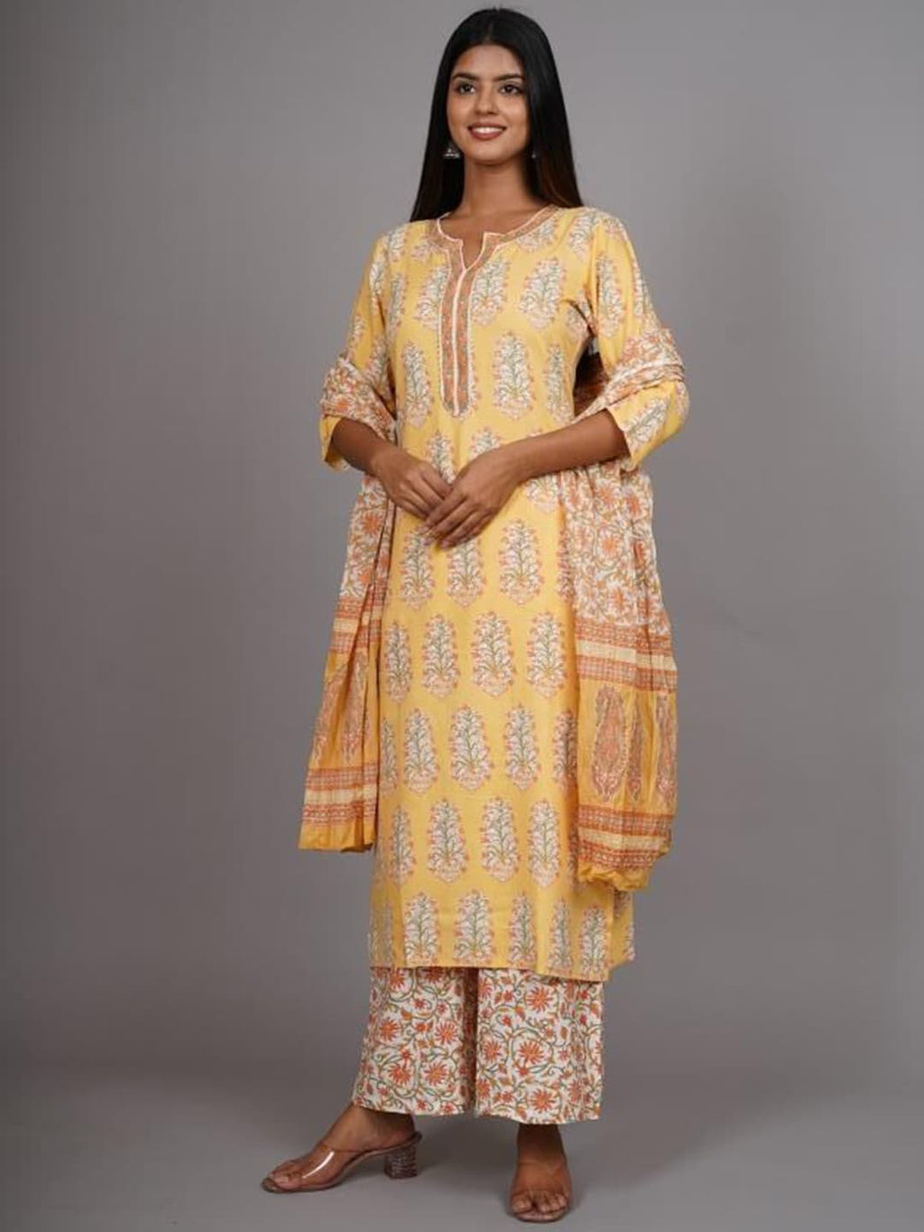 HERE&NOW Women Yellow Floral Printed Thread Work Kurta with Palazzos & With Dupatta | Grocsy