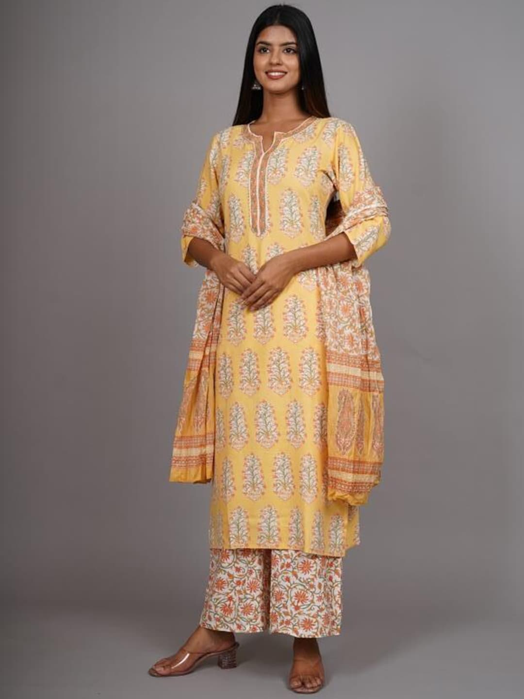 HERE&NOW Women Yellow Floral Printed Thread Work Kurta with Palazzos & With Dupatta | Grocsy