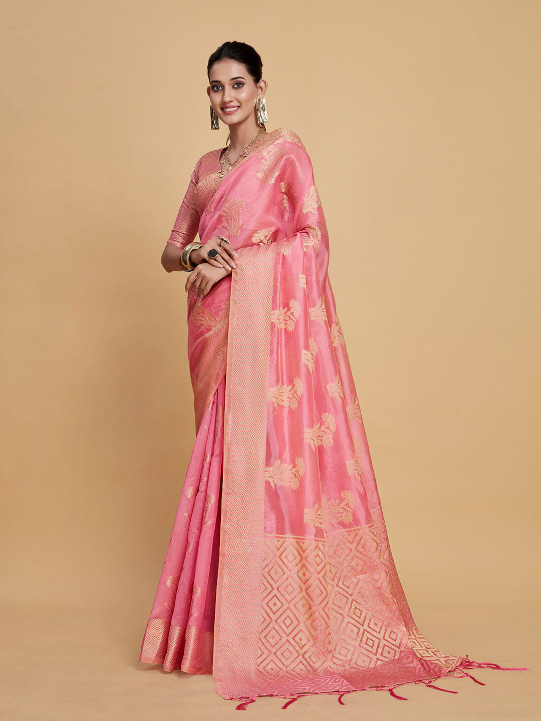 Sangria Pink Woven Design Organza Saree | Grocsy