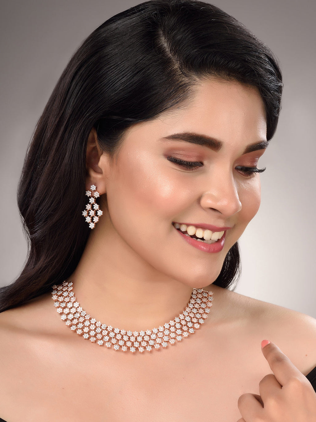 Saraf RS Jewellery White Rose Gold-Polished AD Studded Necklace Jewellery Set | Grocsy
