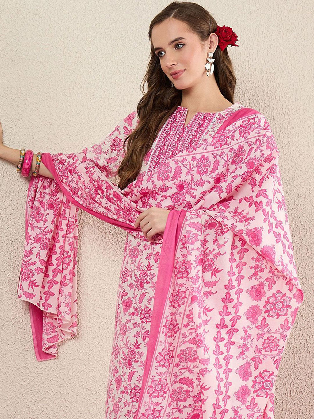 Indo Era Women Floral Printed Kurta with Trousers & Dupatta | Grocsy