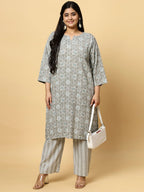 Sztori Plus Size Ethnic Motifs Printed Pure Cotton Kurta & Trouser | Grocsy