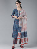 Yufta Women Blue & White Printed Pure Cotton Kurta with Palazzo & With Dupatta | Grocsy