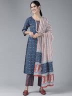 Yufta Women Blue & White Printed Pure Cotton Kurta with Palazzo & With Dupatta | Grocsy