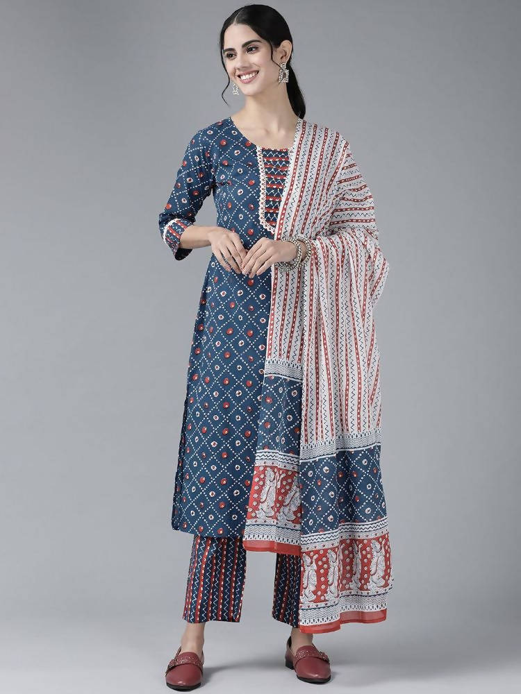 Yufta Women Blue & White Printed Pure Cotton Kurta with Palazzo & With Dupatta | Grocsy