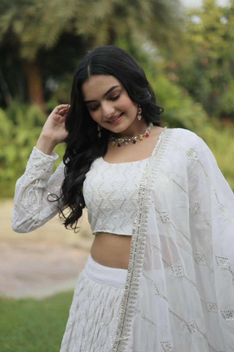 Vastranavya Faux Georgette With Sequins & Thread Embroidered Work Lehenga Choli - White | Grocsy
