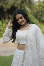 Vastranavya Faux Georgette With Sequins & Thread Embroidered Work Lehenga Choli - White | Grocsy