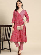 Sangria Women Fuchsia Ethnic Motifs Printed Angrakha Gotta Patti Kurta with Trousers | Grocsy
