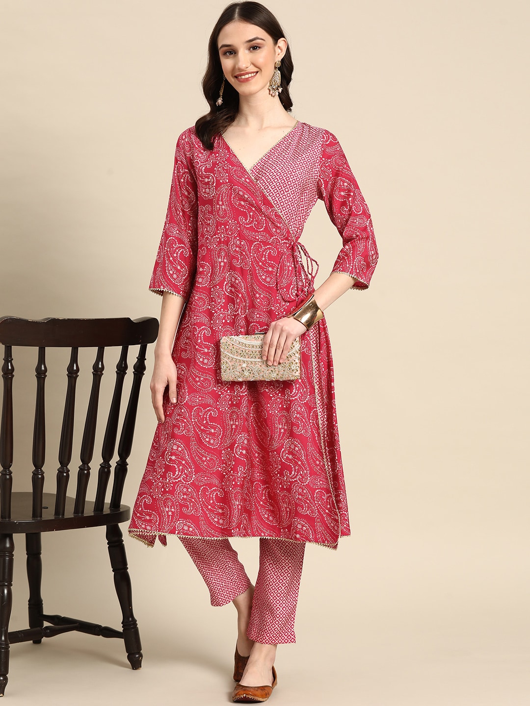 Sangria Women Fuchsia Ethnic Motifs Printed Angrakha Gotta Patti Kurta with Trousers | Grocsy