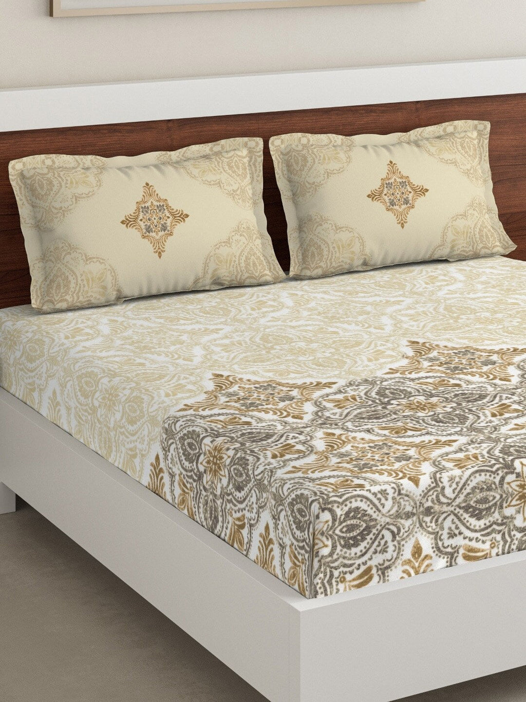 DDecor Beige & Grey Ethnic Motifs 180 TC Cotton 1 King Bedsheet with 2 Pillow Covers | Grocsy
