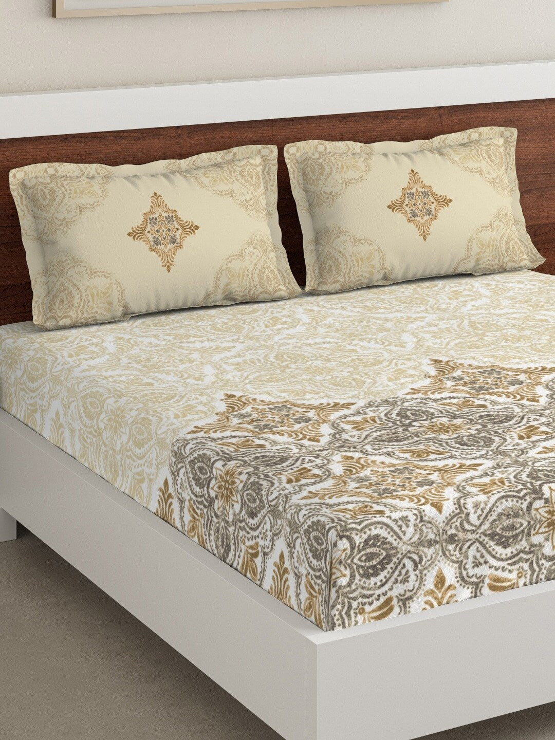 DDecor Beige & Grey Ethnic Motifs 180 TC Cotton 1 King Bedsheet with 2 Pillow Covers | Grocsy