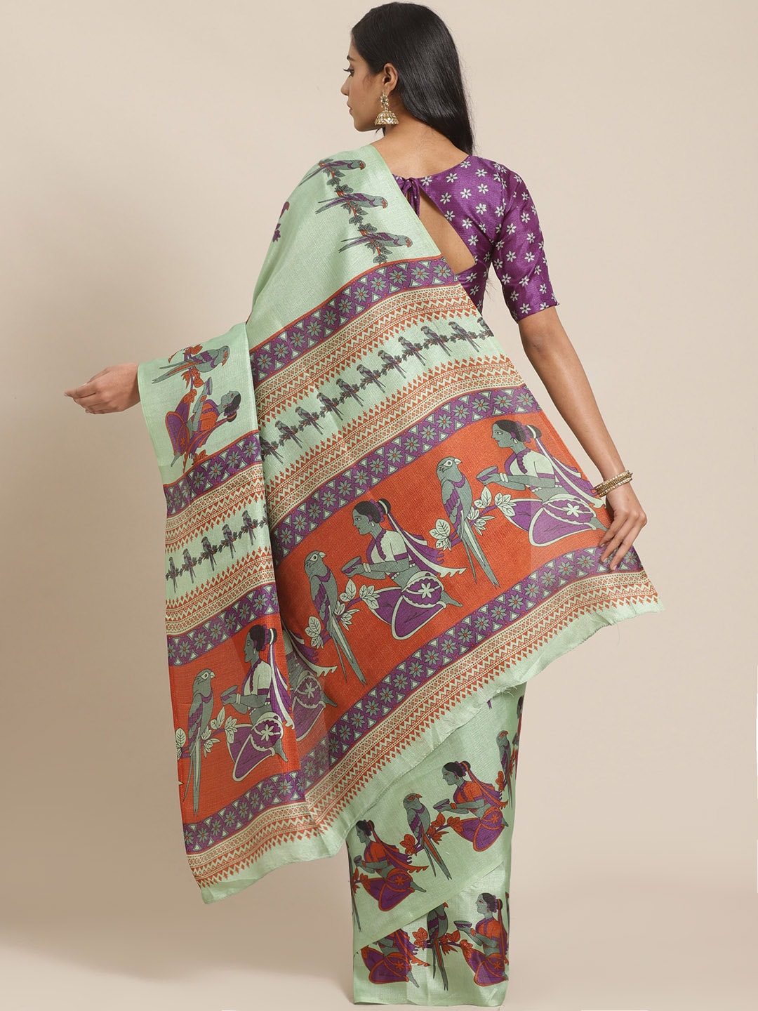 Saree Mall Green & Purple Ethnic Motifs Print Bhagalpuri Saree | Grocsy