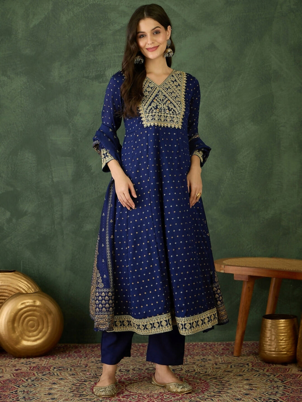 The52 Blue Women's Gorgeous Embroidered Work Vichitra Silk Fabric Flared Kurta Pant and Dupatta Set | Grocsy