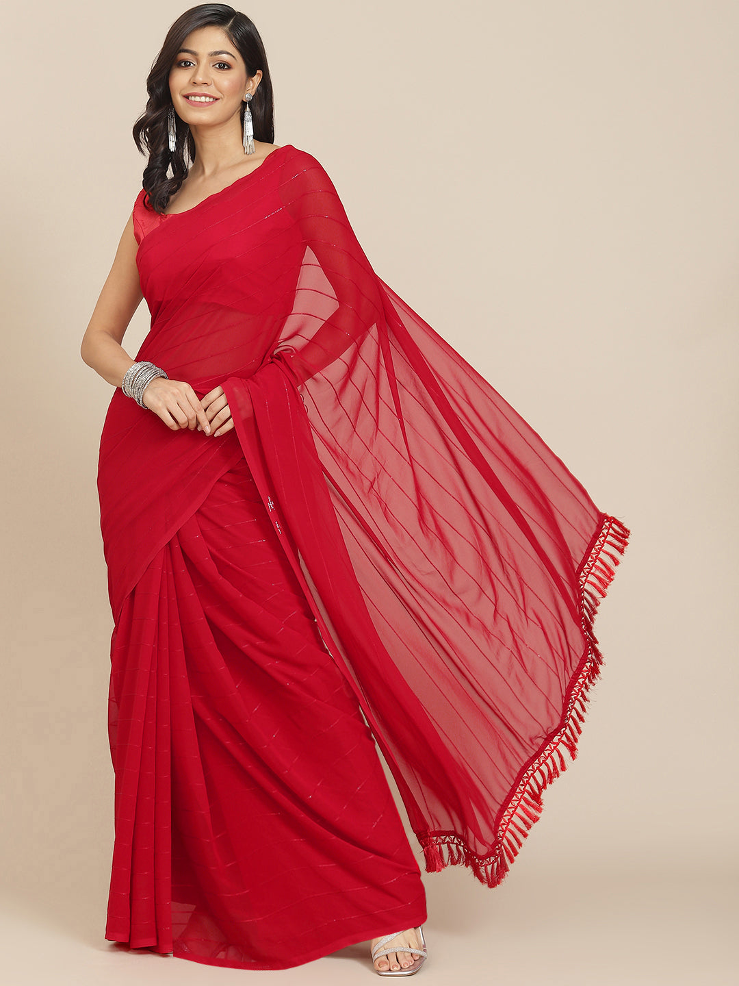 Tikhi Imli Red Striped Saree | Grocsy