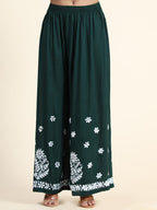 HOUSE OF KARI Women Green Floral Embroidered Chikankari Kurta with Palazzos | Grocsy