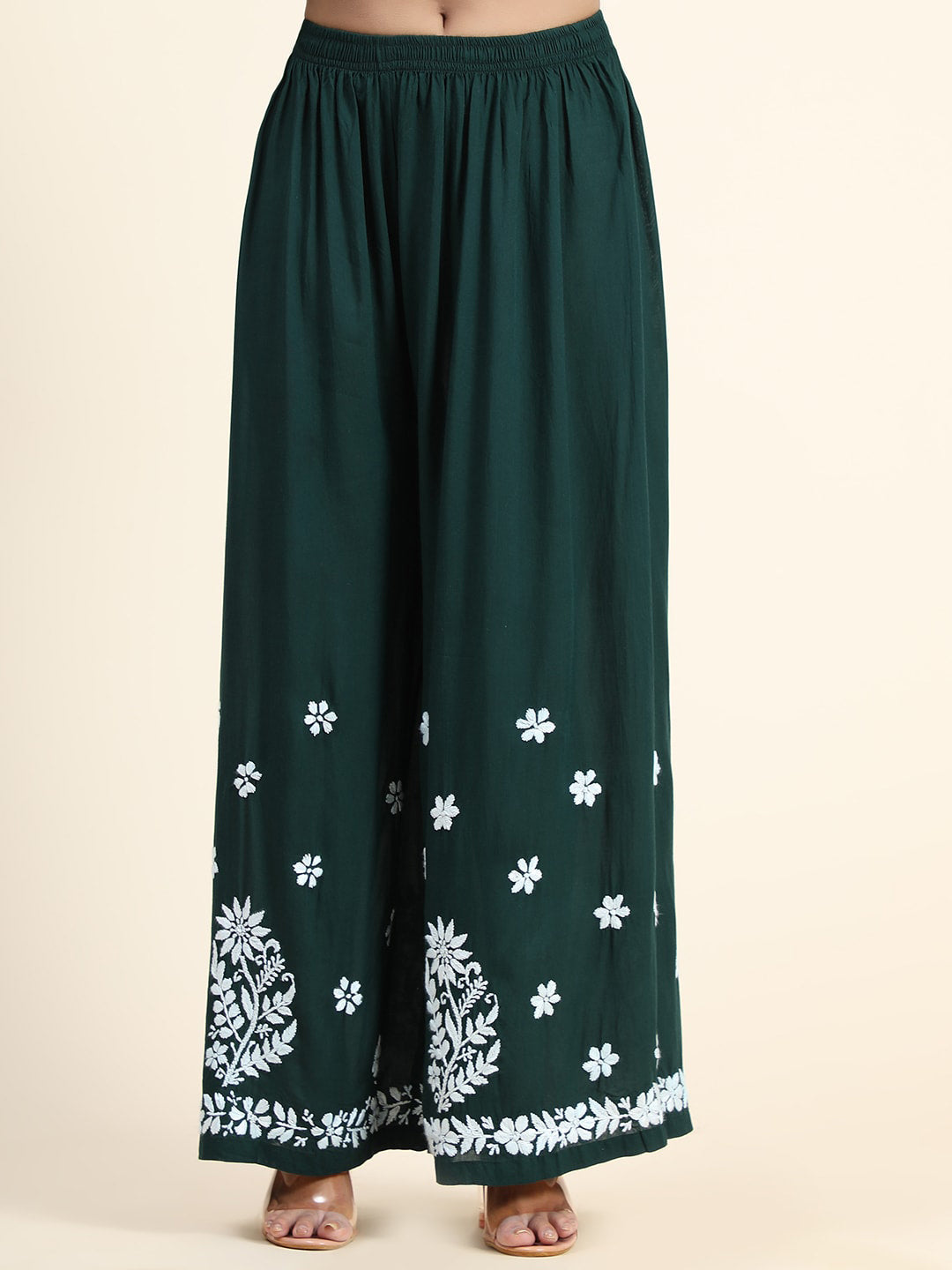 HOUSE OF KARI Women Green Floral Embroidered Chikankari Kurta with Palazzos | Grocsy