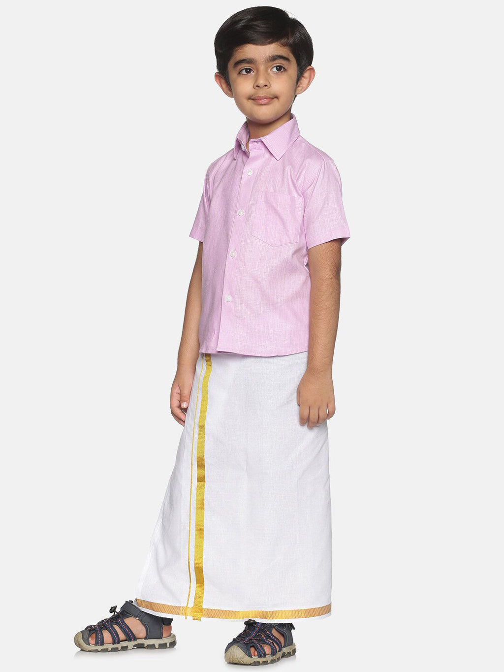 Sethukrishna Boys Pink & White Pure Cotton Shirt with Dhotis | Grocsy