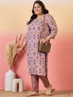 Sztori Plus Size Ethnic Motifs Printed V-Neck Crepe Straight Kurta | Grocsy