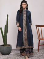 Sangria Women Navy Blue & Gold-Coloured Printed Kurta with Palazzos | Grocsy